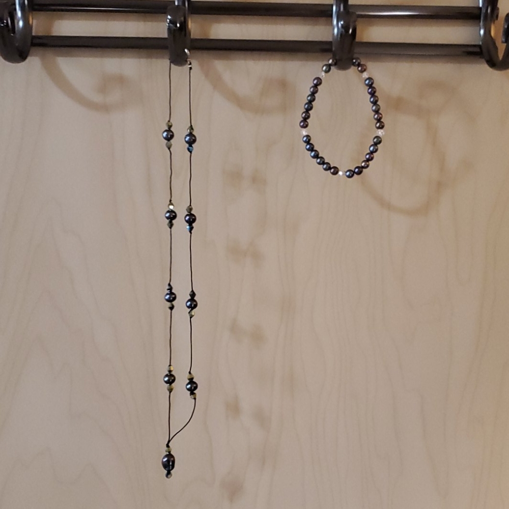 Simple Black Pearl Necklace and Matching Bracelet